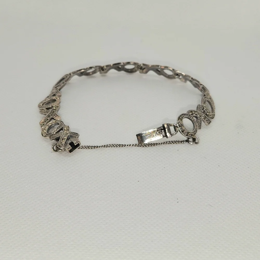 Sterling Silver Marcasite Wide XO Link Bracelet with Safety Chain - Picture 4 of 4